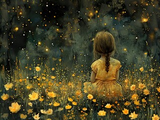 Wall Mural - A Little Girl Gazing at Fireflies in a Field of Flowers