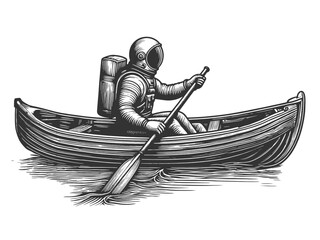 Wall Mural - Astronaut spaceman rowing in wooden boat sketch engraving vector illustration. Scratch board style imitation. Black and white hand drawn style generative ai image. 