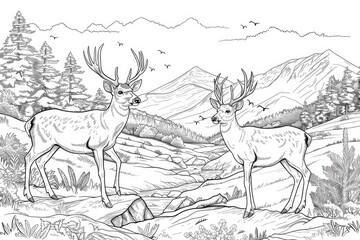 Wall Mural - Coloring book illustration of two deer in a serene mountain landscape