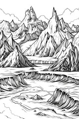 Wall Mural - Coloring book illustration of stunning volcanic mountains surrounding a majestic glacier