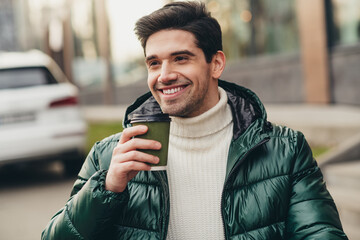 Canvas Print - Photo of nice handsome young man on cafe terrace relax rest break pause autumn weather day outdoors