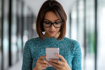 Young woman using smartphone, smiling, indoor settings with modern decor.