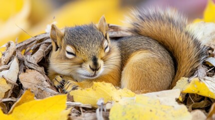 Wall Mural - A sleeping squirrel nestled in a bed of yellow autumn leaves.