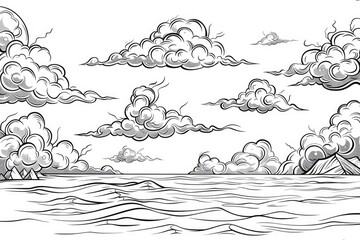 Wall Mural - Coloring book illustration of low flying fog clouds resembling stratus influenced by water and wind with scenic jagged coastlines and picturesque waterways