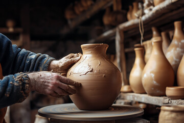 A pair of hands carefully shaping a large clay jug on a pottery wheel, with other finished jugs drying on shelves in the background.