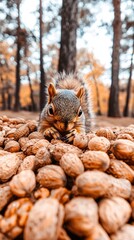 Canvas Print - A squirrel forages among a pile of nuts in a forest setting during autumn.