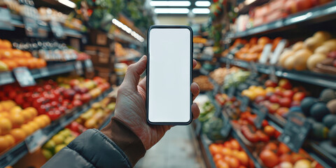 Hand holding smartphone with white screen against background of store with vegetables and fruits