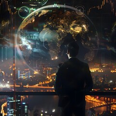 Poster - businessman examining futuristic holographic investment portfolio with global market data