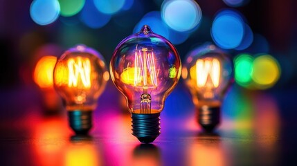 Poster - Illuminated Light Bulbs with Colorful Bokeh Background