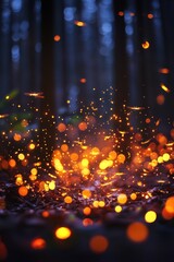 Poster - A glowing display of sparks and lights in a dark forest setting.