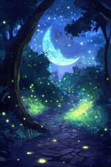 Poster - A serene night scene with a glowing moon, fireflies, and a winding path through lush trees.