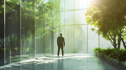 Poster - Businessman in Sleek Sustainably Powered Modern Office Building Showcasing Green Architecture