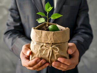 Businessman Presenting Eco Friendly Product Line with Recycled Packaging