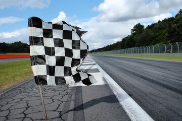 Checkered finish flag waves on asphalt racing track outdoors. Black and white chequered design on road, surrounded by natural landscape. Motorsport competition concept, symbol of victory and speed.