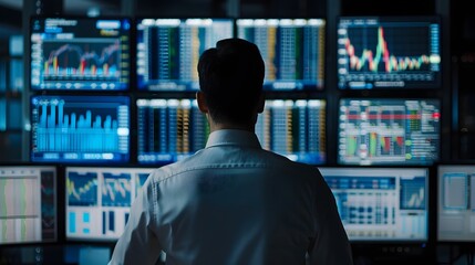 Poster - businessman monitoring multiple screens displaying financial asset data in trading room
