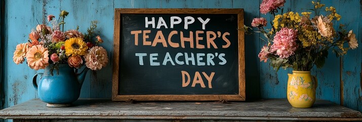 A chalkboard with happy teacher day writing on it.

