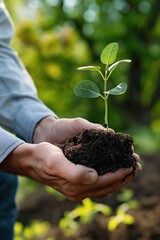 Man holds seedling with soil outdoors, close-up. Fertile ground, fresh green plant, gardener care, rural landscape, eco-friendly farming, natural environment, organic gardening, man hand, planting,