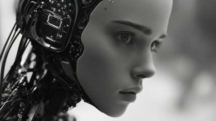 Poster - Close-up of a female android's face with exposed mechanical components.