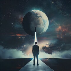 Wall Mural - Businessman Launching Toward Distant Planet Goal in the Cosmos