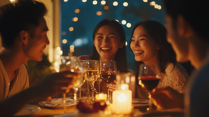 group of cheerful asian friends enjoy dinner party together at home