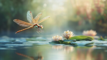 Poster - Elegant Dragonfly Over Blooming Water Lilies