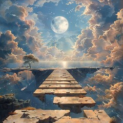 Canvas Print - Surreal Landscape with Stone Bridge Leading to the Sky