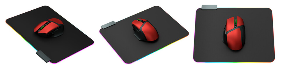 Fototapete - Set of wireless gaming computer mouse on pad isolated on white background with clipping path. 3d render of live streaming gear for cloud gaming and gamer workspace concept