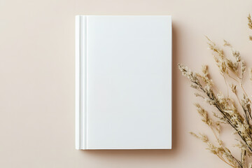 Canvas Print - White book blank cover mockup on a beige background with dry flower, flat lay, mockup