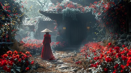 Canvas Print - Mystical Japanese Garden with Red Flowers and Fog