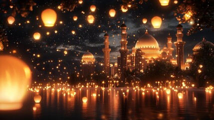 A festival night illustration of a mosque, adorned with lanterns and lights, glowing softly