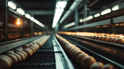 Poster - Eggs are being efficiently sorted by advanced machinery in an industrial setting, showcasing a streamlined production line focused on quality and efficiency