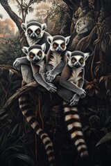 Wall Mural - Four lemurs perched together in a lush jungle setting, showcasing their expressive features.