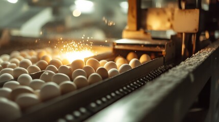 Poster - Machines are conducting the sorting of eggs in an industrial facility, ensuring careful handling and efficient processing of each egg as they move along the conveyor belt