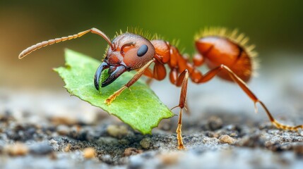 Poster - Ant Carrying Leaf in Macro Photography