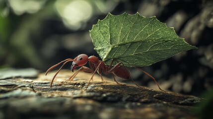 Poster - Ant Carrying Leaf in Natural Habitat
