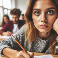 A student sits in a classroom during an exam, her face showing signs of stress and uncertainty. Stares blankly ahead, struggling to recall information. In the background other students. Generative AI