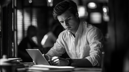 Poster - Young Man Using a Tablet at a Table in a Cafe