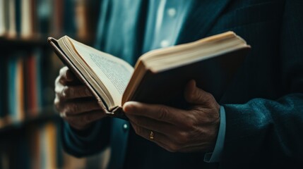 Poster - Close-up of Man's Hands Holding Open Book in Library