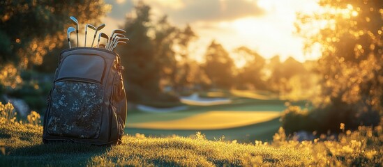 Wall Mural - Golf Bag on Lush Green Course at Sunset with Golden Light and Scenic Landscape in the Background