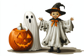 Poster - illustration vintage Halloween kid and ghost clipart on isolated transparent background