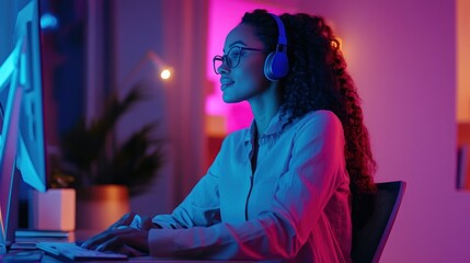 Aufkleber - Woman Wearing Headphones Working at a Computer in a Room with Neon Lights