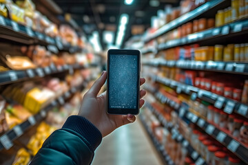 Sticker - A person is using a smartphone with an augmented reality app to enhance their shopping experience in a contemporary grocery store filled with products