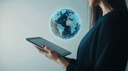 Poster - Woman Holding Tablet with Global Network Visualization