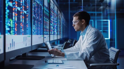 Aufkleber - A man in a lab coat is working on a computer with a monitor displaying a lot of