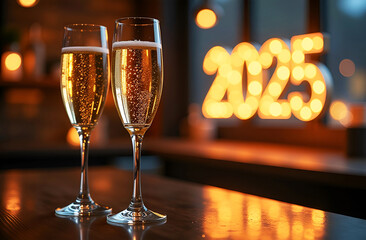 Wall Mural - 2 glasses of champagne on 2025 new year in the bar