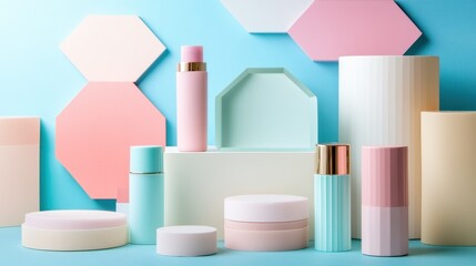 Wall Mural - Pastel Colored Cosmetic Products on Geometric Platforms