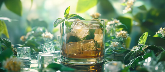 Canvas Print - Copy space image of a refreshing cold drink made with aromatic dead nettle wildflower and ice cubes known as herbal flower deaf nettle ice tea