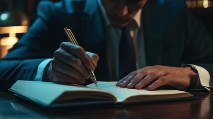 Poster - Close-up of a Man's Hand Writing in a Notebook with a Gold Pen