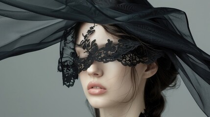 Woman with Flowing Hair in Elegant Dark Fashion,  Black Lace Hat Design beauty