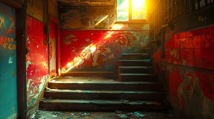 Sticker - Sunbeams in an Abandoned Building: A Glimpse of the Past